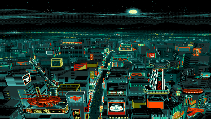 pixel art, digital art, pixelated, pixels, night, stars, Moon, building, cityscape, Japanese characters, lobsters