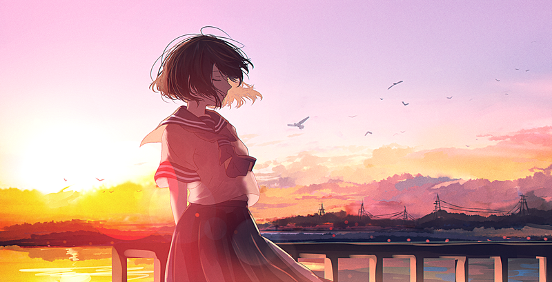 anime, anime girls, closed eyes, dark hair, sky