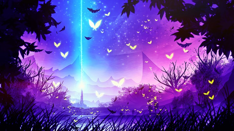digital art, landscape, nature, forest, birds, fantasy art, pink, cyan
