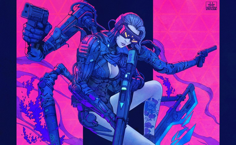 cyberpunk, gun, sniper rifle, pink, women, tattoo, Exoskeleton, blue