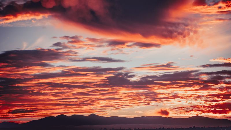 clouds, sunset, mountains, red, fiery, 4k