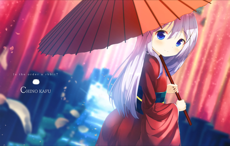 anime, anime girls, Gochuumon wa Usagi Desu ka, Gochuumon wa Usagi Desu ka?, loli, fan art, Kafuu Chino, blue hair, white skin, umbrella, yukata, blue eyes