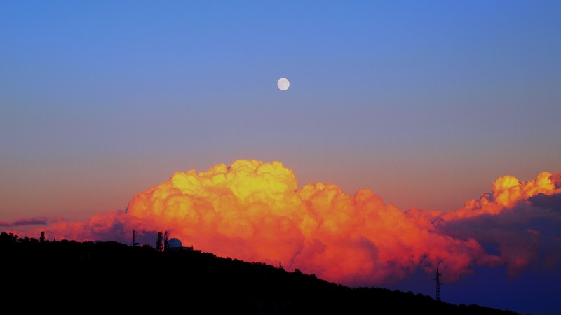 sunset, Moon, clouds