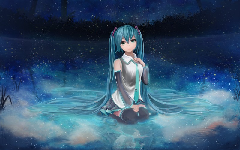 Vocaloid, Hatsune Miku, blue, blue hair, fan art, black stockings, water, lake, night, white skin, twintails, cyan hair, cyan