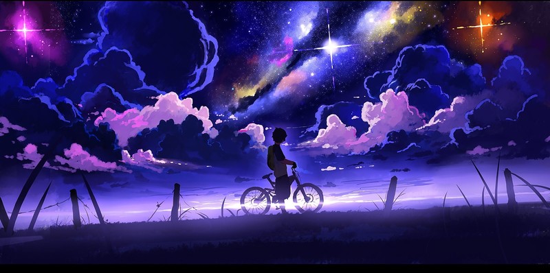 digital art, children, bikes, night, landscape, clouds, stars, illustration, painting, space, DeviantArt