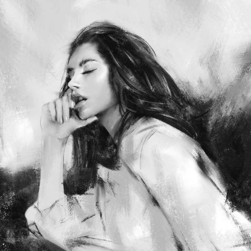drawing, women, blouse, brunette, long hair, monochrome, artwork, closed eyes