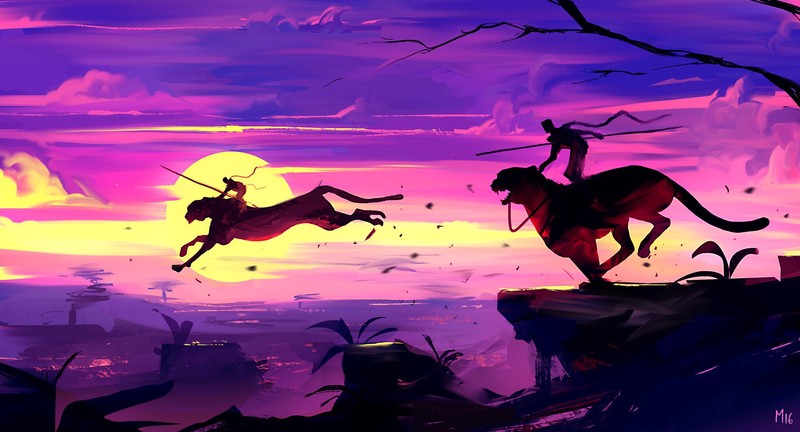 digital art, landscape, sunset, warrior, tiger, painting, fantasy art