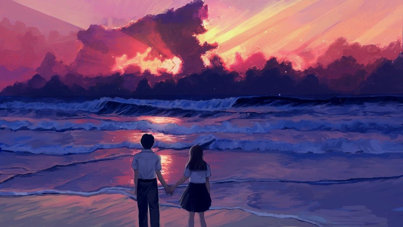 anime, illustration, landscape, sea, sunset, painting, digital art, artwork, moescape