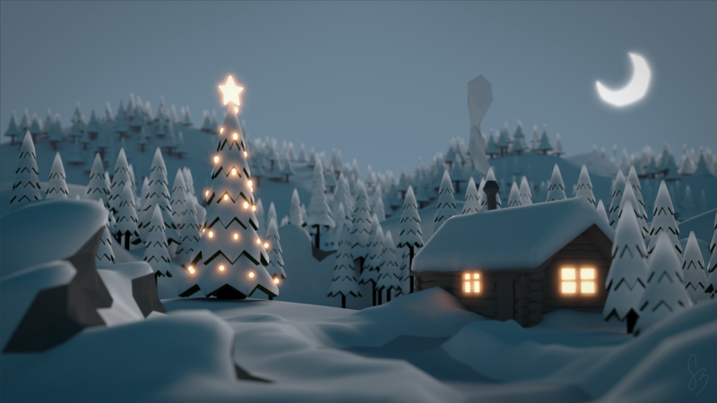 winter, snow, digital art, hut, Moon, Christmas, trees