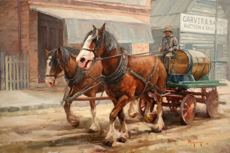 Stan Prokopenko, drawing, painting, High Noon, men, horse, mud, house, Barrel
