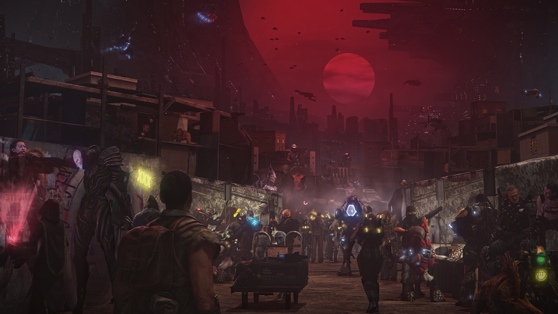 fantasy art, digital art, cyberpunk, illustration, crowds, science fiction, futuristic, Market, Scotchlover, artwork, spaceship, cityscape