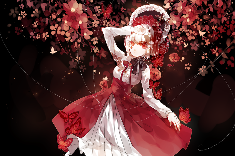 anime, anime girls, red eyes, flowers, dress, arms up