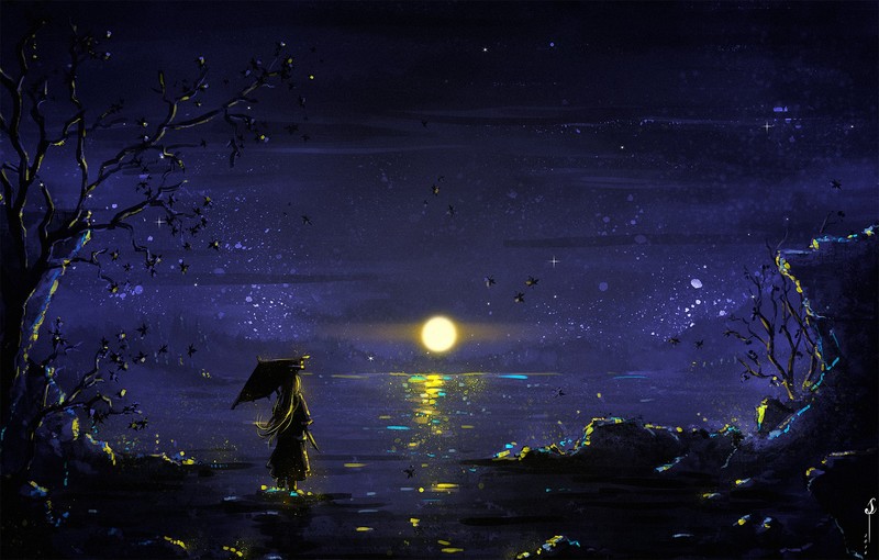 illustration, women, night, landscape, plants, artwork, umbrella, painting, fantasy art, Moon, lagoon