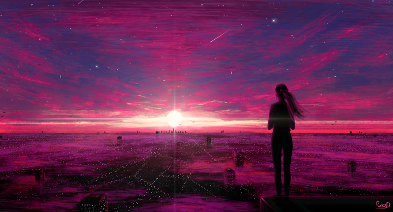 digital art, women, city, skyscraper, sunset, environment, pink, artwork, illustration, DeviantArt