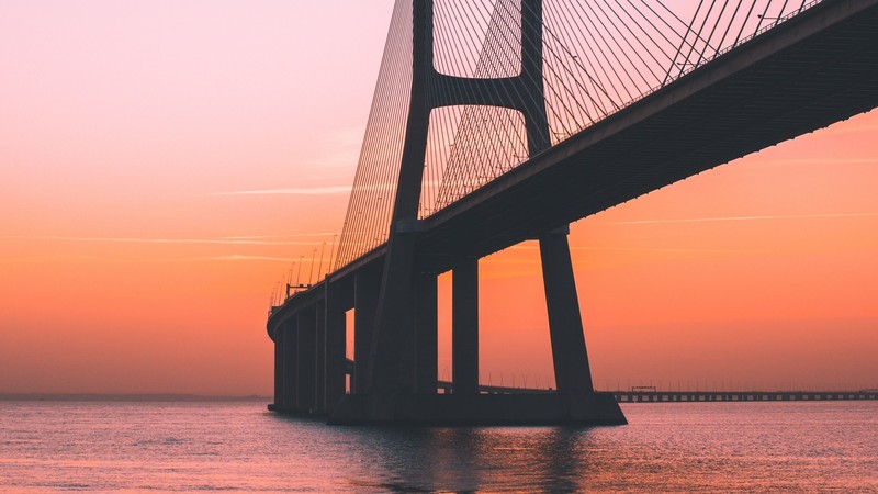 bridge, sea, Lisbon, Portugal, orange, orange sky