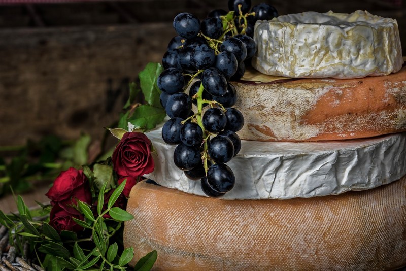 still life, grapes, cheese, food, rose
