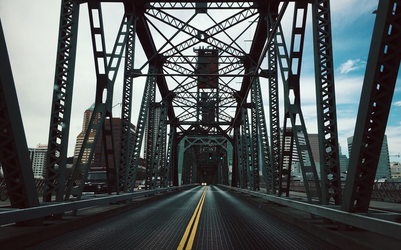 bridge, road, building, car, clouds