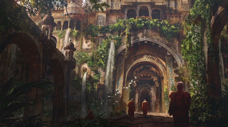 Eddie Mendoza, artwork, digital art, 2D, Buddhism, monks, temple, environment, birds, concept art, architecture, plants, fantasy art