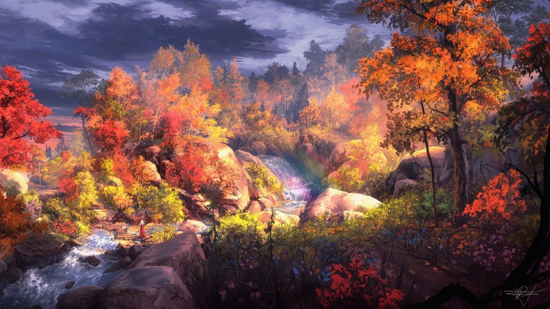 fantasy art, artwork, fan art, trees, landscape, nature, colorful, water, river, plants