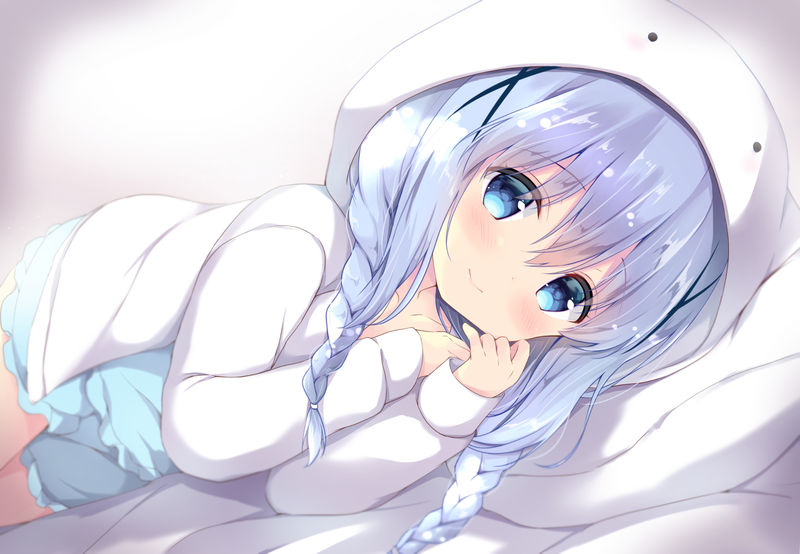 loli, anime, anime girls, Kafuu Chino, Gochuumon wa Usagi Desu ka, Gochuumon wa Usagi Desu ka?, white skin, blue eyes, blue hair, white, artwork, in bed, twintails
