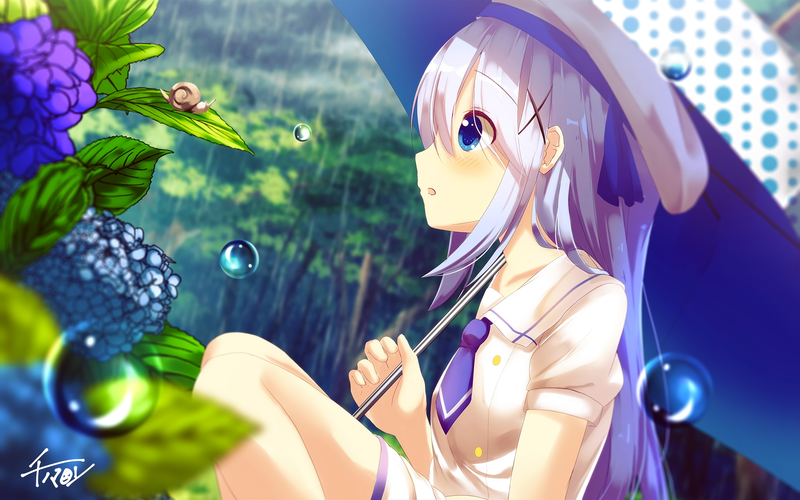 anime, anime girls, Kafuu Chino, Gochuumon wa Usagi Desu ka, Gochuumon wa Usagi Desu ka?, white skin, blue eyes, blue hair, artwork, nature, rain, purple hair