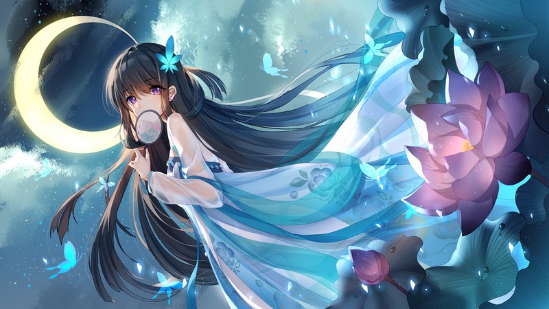 anime, anime girls, Moon, long hair, dark hair, cyan