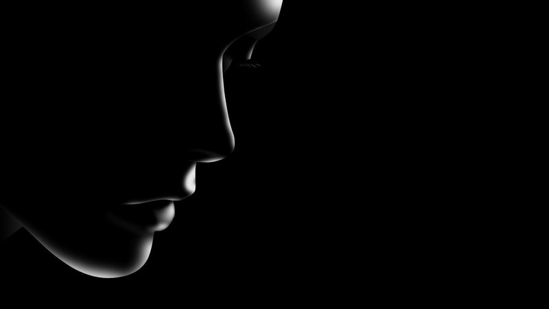 digital art, minimalism, black background, face, women, silhouette, CGI, closed eyes, profile, dark, black
