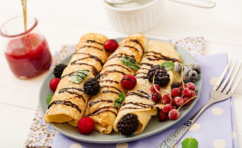food, pancakes, fork, fruit, berries