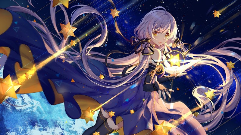 anime, anime girls, long hair, purple hair, stars