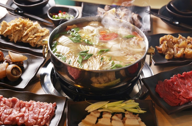 food, meat, soup, chopsticks