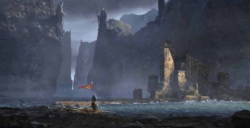 illustration, soldier, medieval, flag, mountains, village, sea, digital art, warrior, fantasy art, Alejandro Olmedo, castle