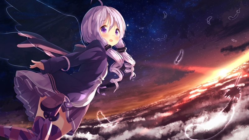 anime girls, Gochuumon wa Usagi Desu ka?, Gochuumon wa Usagi Desu ka, loli, Kafuu Chino, blue hair, blue eyes, fan art, clouds, casual, dusk, winter, white skin