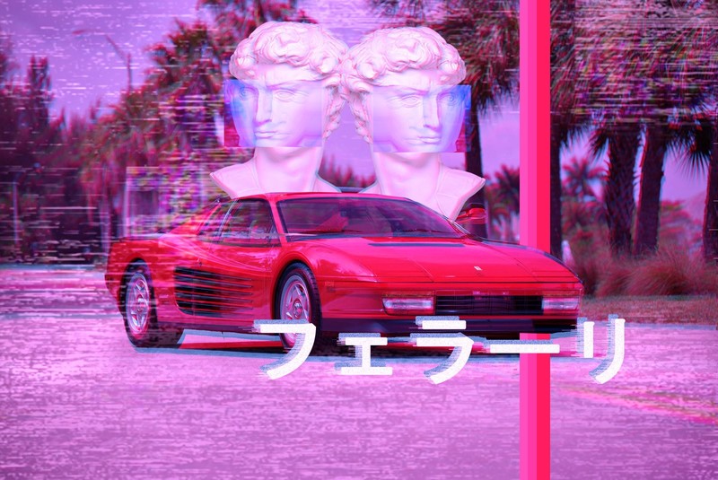 VHS, 80s, vaporwave, glitch art, digital art, car, vehicle, Ferrari, pink