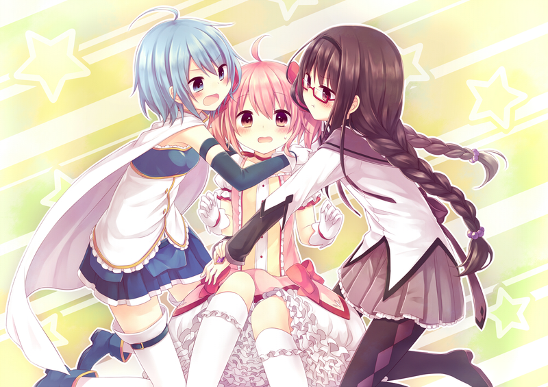anime, anime girls, white skin, fan art, Mahou Shoujo Madoka Magica, simple background, Kaname Madoka, Miki Sayaka, Akemi Homura, white stockings, long hair, miniskirt