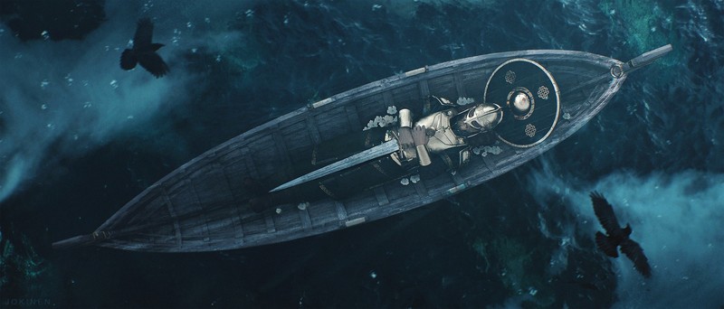artwork, digital art, boat, warrior, Fantasy Men, corpse, sword, fantasy art, Vikings, cyan