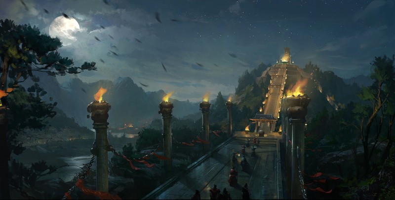 artwork, temple, Japan, samurai, fantasy art, illustration, night, path, digital painting, landscape, nature