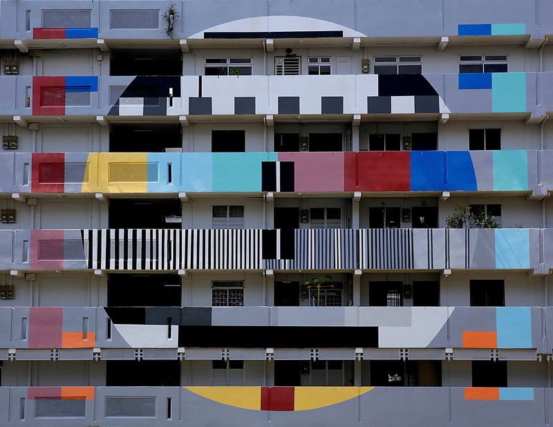 architecture, building, street art, graffiti, monoscope, test patterns, balcony, colorful, Singapore