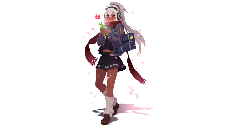 anime, manga, anime girls, simple background, headphones, schoolgirl, school uniform, white hair, smartphone, bubble gum, scarf