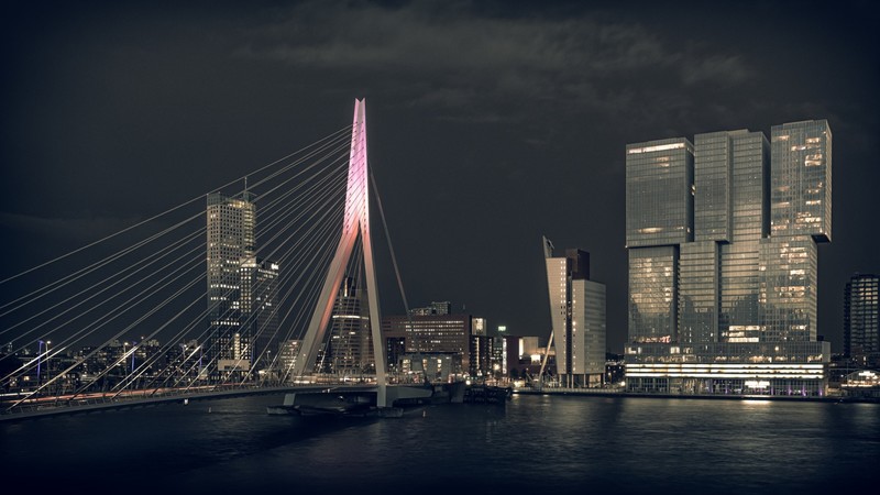 architecture, building, Netherlands, river, bridge, night, cityscape, skyscraper, Rotterdam
