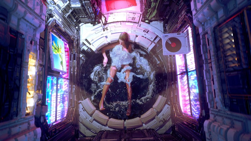 cyberpunk, artwork, women, in bathtub, futuristic