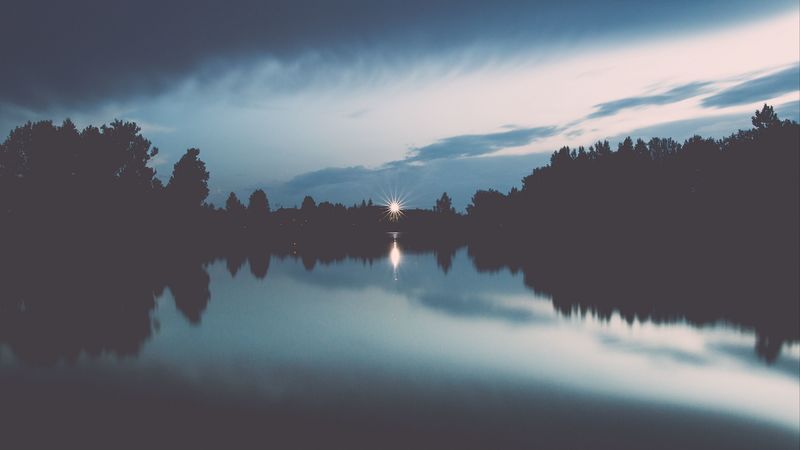 lake, horizon, sunset, reflection, rays, 4k