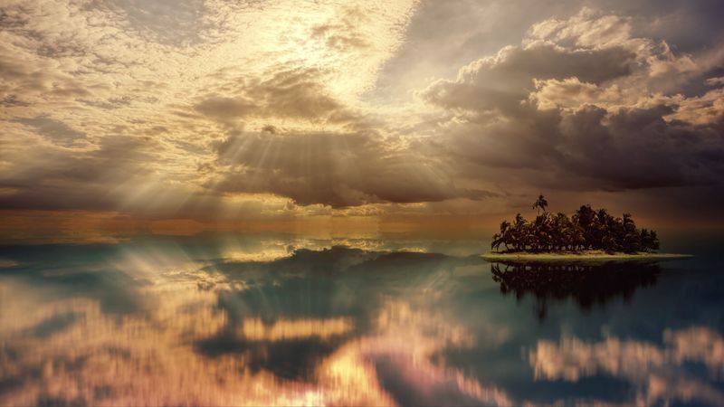island, palm trees, ocean, clouds, overcast, cloudy, 4k