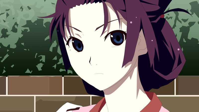 anime, anime girls, Senjougahara Hitagi, white skin, blue eyes, Monogatari Series, minimalism, purple hair