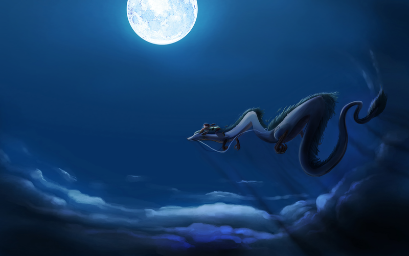 anime, fan art, Spirited Away, night, Moon, moonlight, clouds, Haku, blue