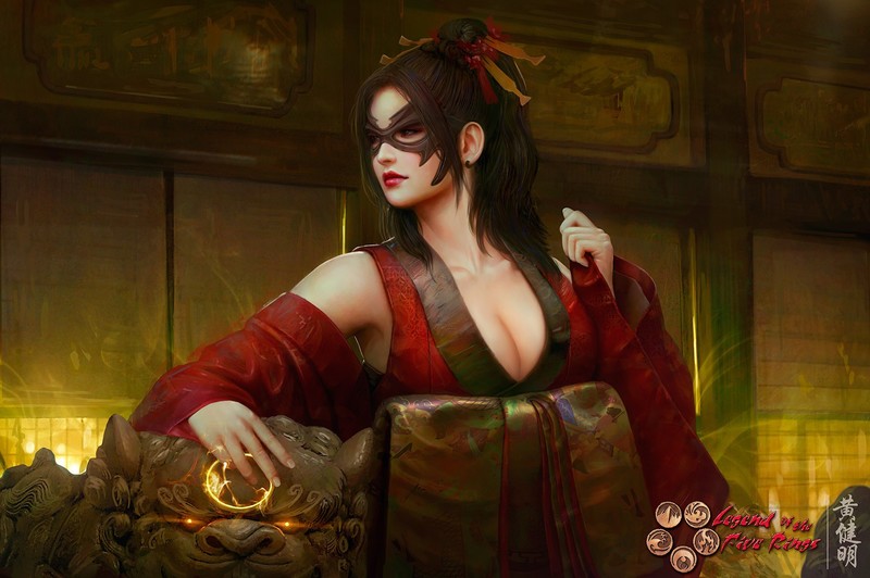artwork, women, Asian, Japan, geisha, mask, costumes, culture, painting, digital art, Mario Wibisono, cleavage, fan art, samurai, warrior, fantasy art, video games, Legend of the Five Rings