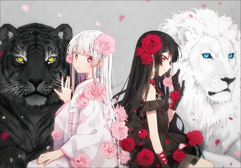 anime, anime girls, flower in hair, colorful, animals, dark hair