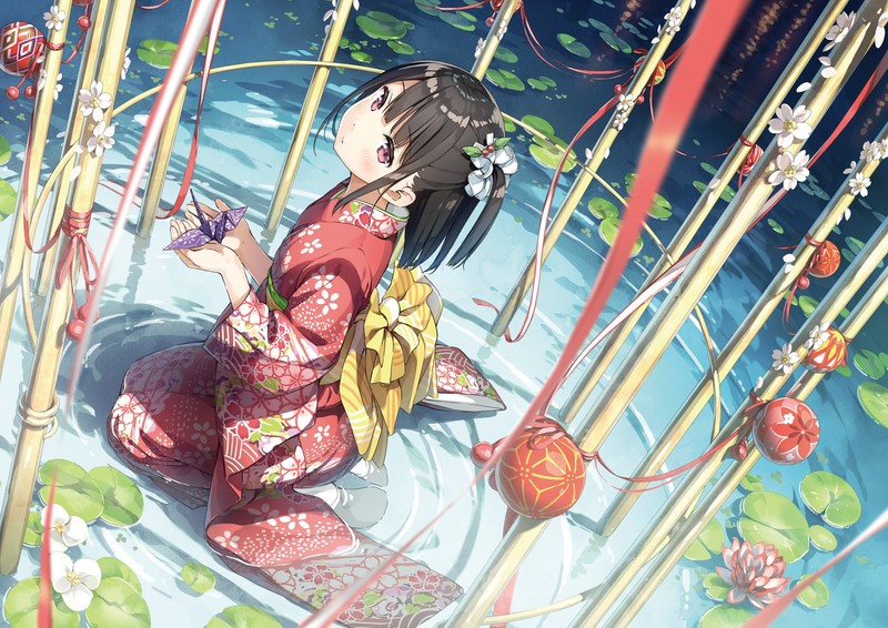 anime, anime girls, dark hair, fantasy girl, kimono, Kantoku