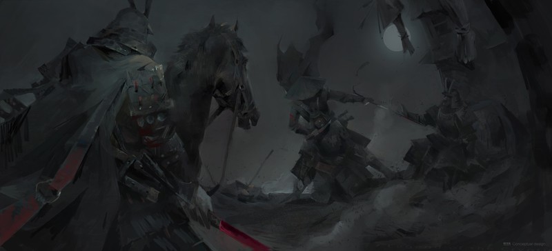 digital art, artwork, fantasy art, horse, samurai, dark, sword, dark fantasy