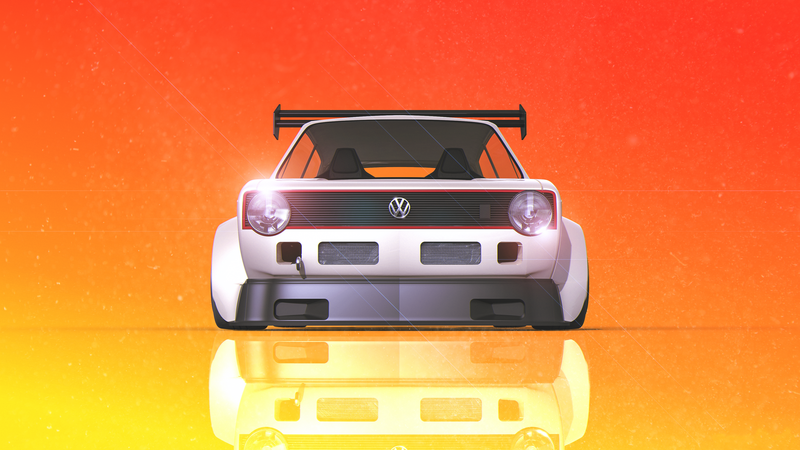 car, Volkswagen Golf, gradient, lens flare, Volkswagen, yellow, orange, vehicle, orange background, reflection, frontal view, low-angle, Volkswagen Golf Mk1, white cars