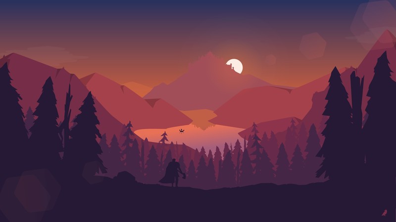 mountains, Sun, forest, lake, illustration